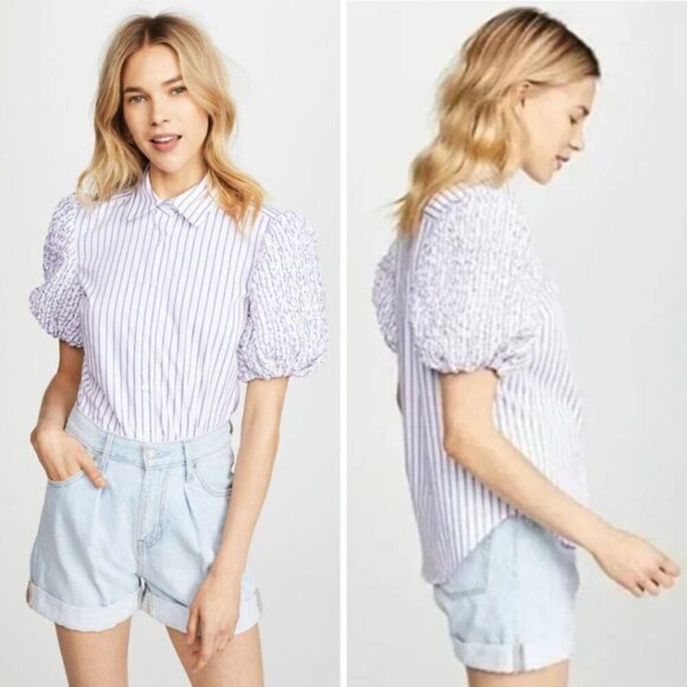 NWOT Petersyn Zadie puff short sleeve button front cotton top, white w/ stripes
